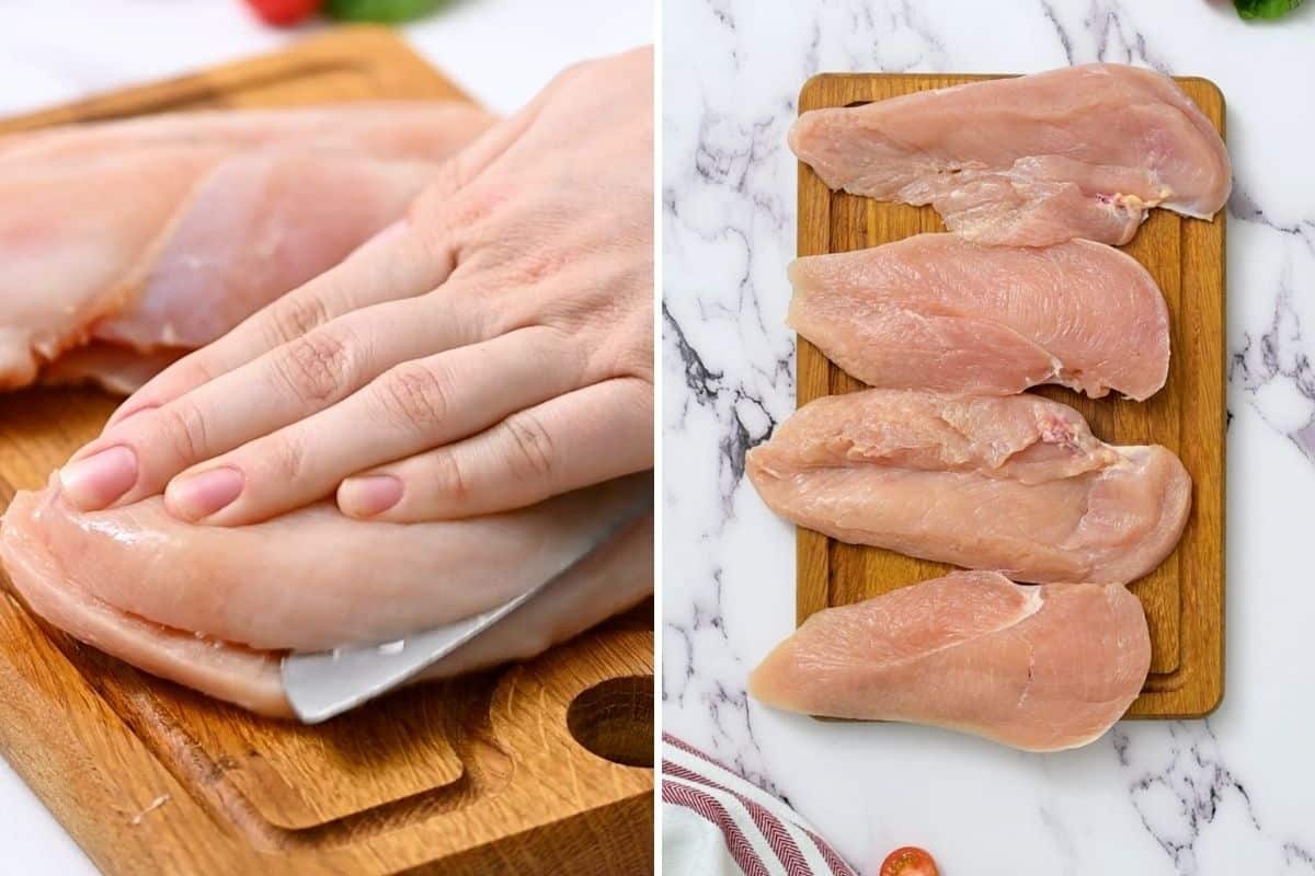 Side by side photo showing cutting chicken breast into thin cutlets.