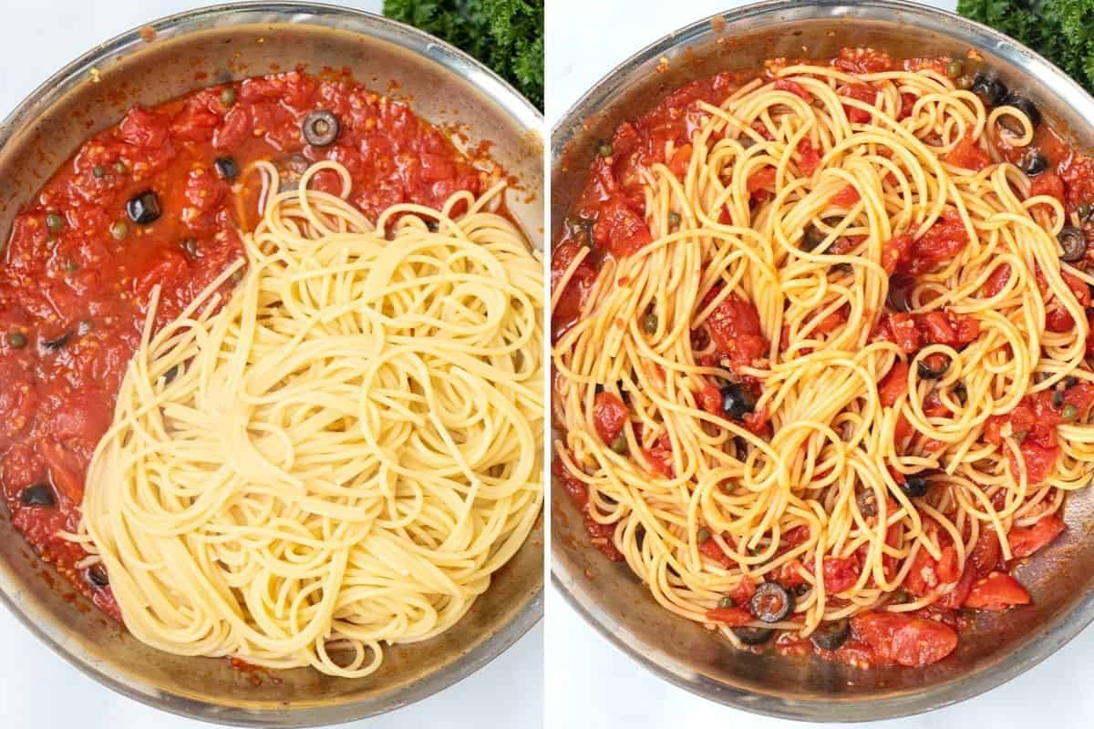 Side by side photo of Pasta Puttanesca before and after tossing the noodles with the sauce.