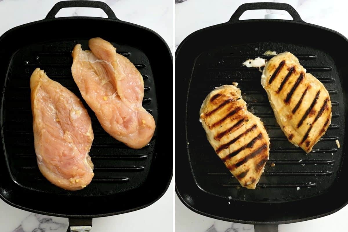 Side by side photo of marinated teriyaki chicken grilling on grilled pan.