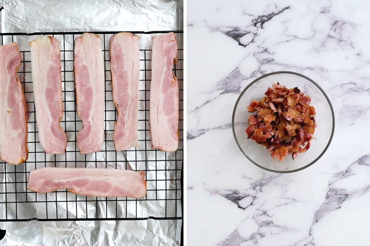 Bacon before and after cooking.