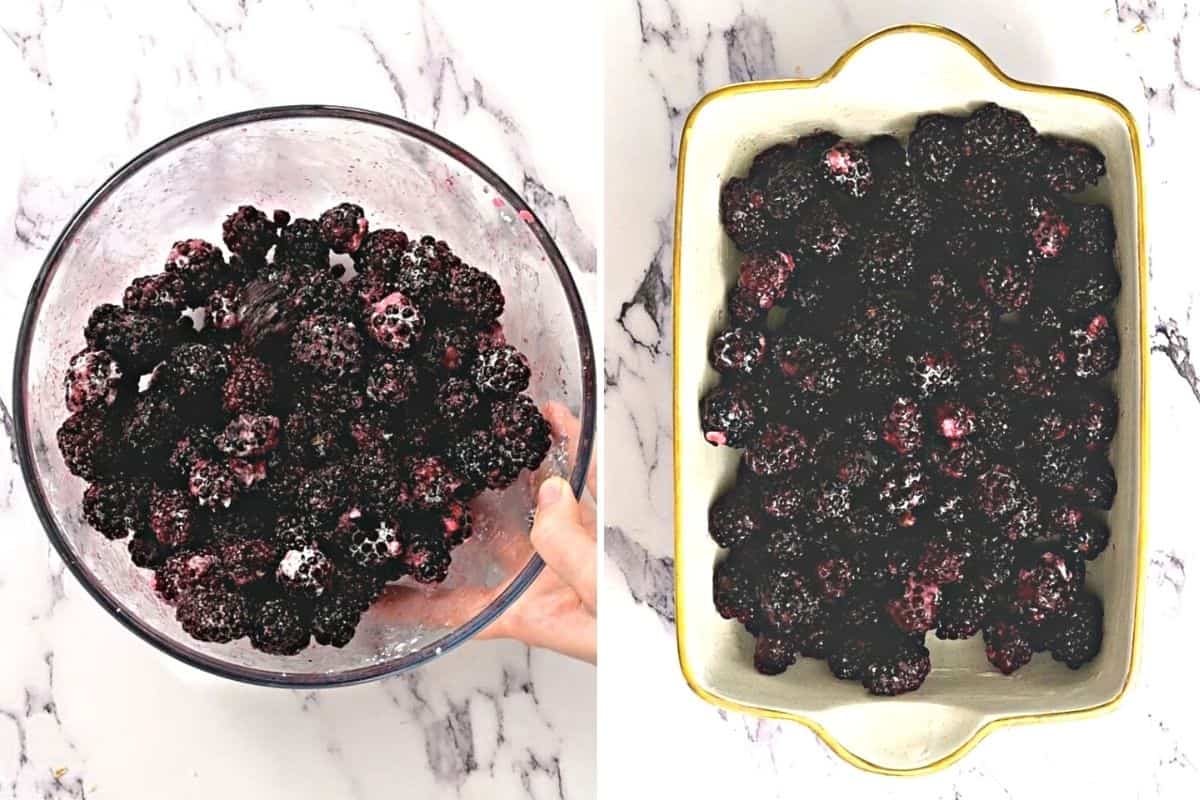 Side by side photo of berries in mixing bowl and then placed in buttered baking dish. 