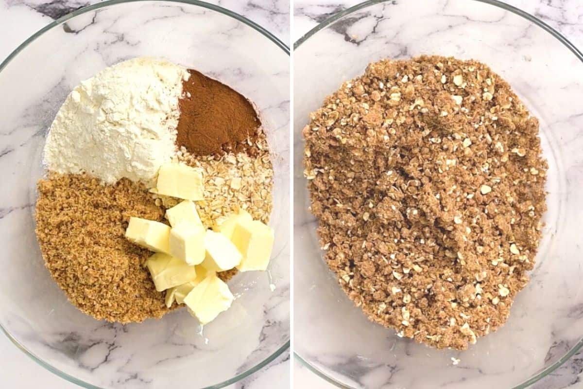Side by side photo before and after mixing the oat crisp together in mixing bowl.