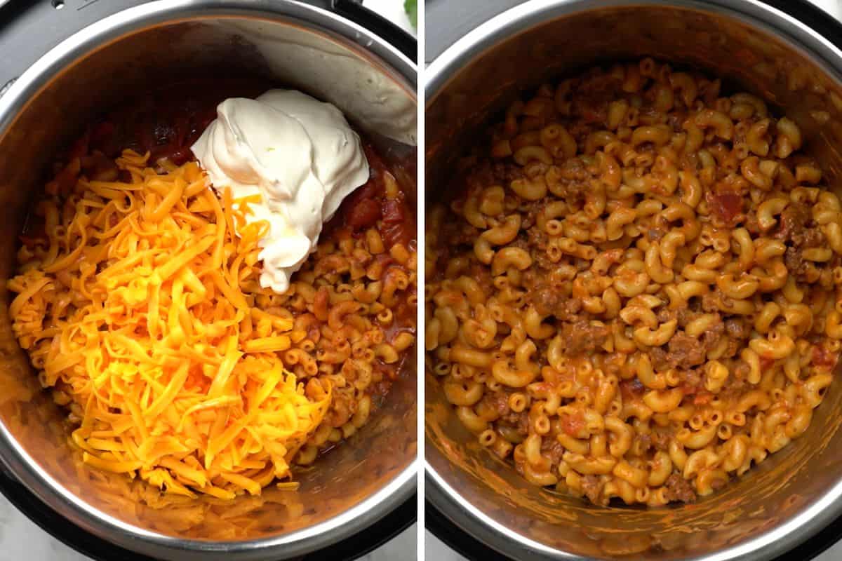 Side by side photo of before and after mixing in cheese and sour cream to taco pasta.