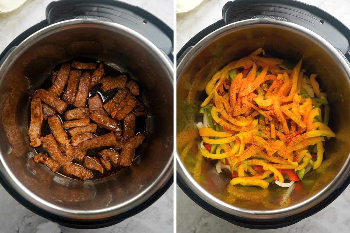Side by side photo of seared steak in instant pot before and after topping with onions and peppers.