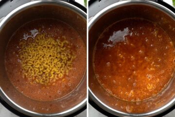 Side by side photo showing adding noodles before and after submerging in broth.
