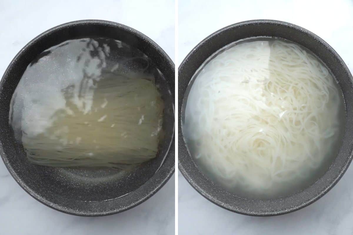 Side by side picture of rice noodles before and after cooking.