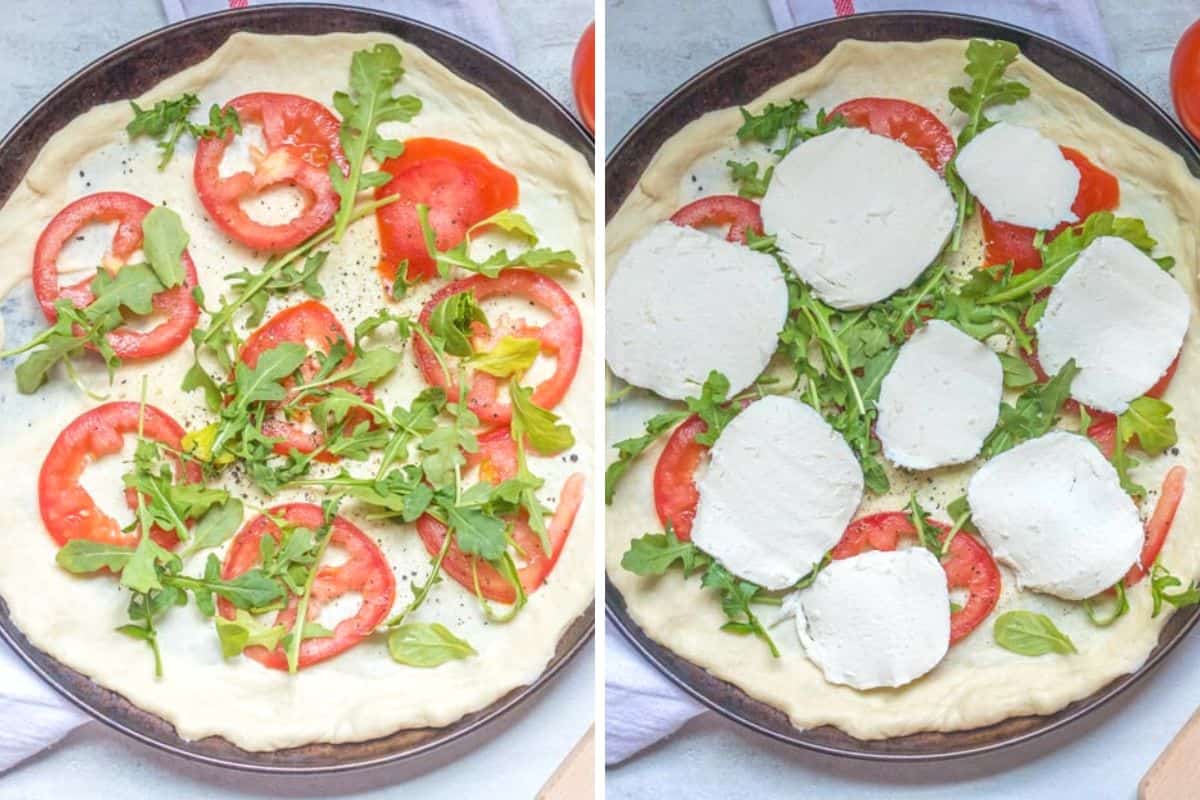 Side by side photo of pizza dough with tomatoes before and after adding cheese. 