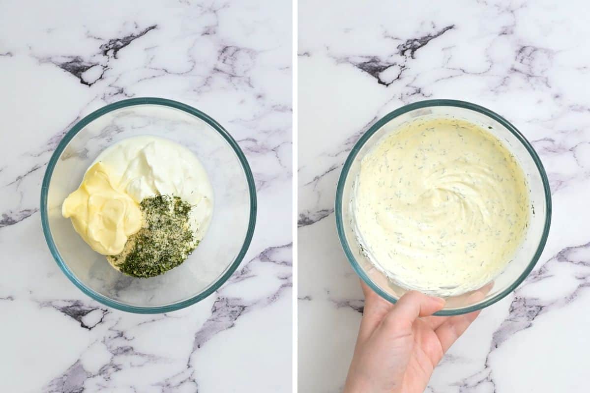 Side by side bowl before and after mixing together ranch dressing for potato salad.
