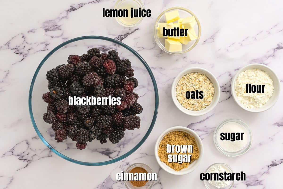 Ingredients for Blackberry Crisp labeled on counter. 