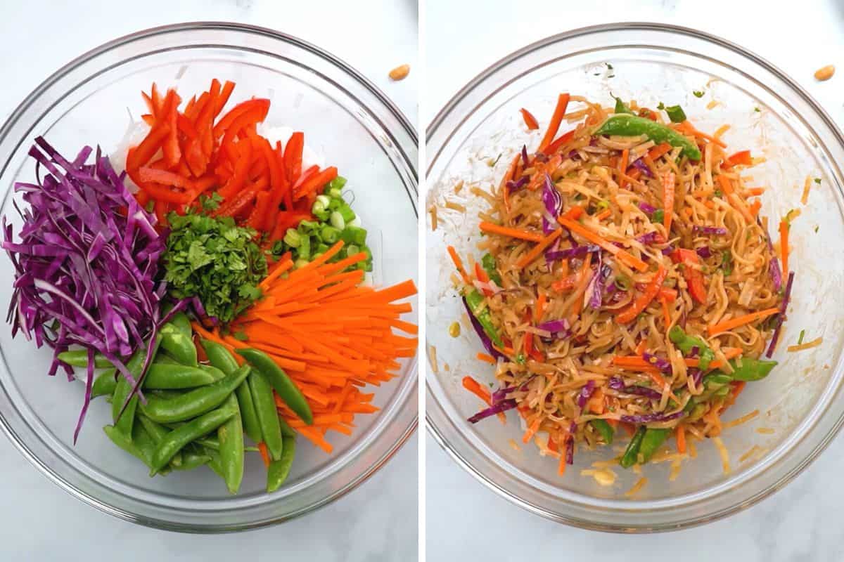 Side by side photo of rice noodles mixed together before after adding veggies.