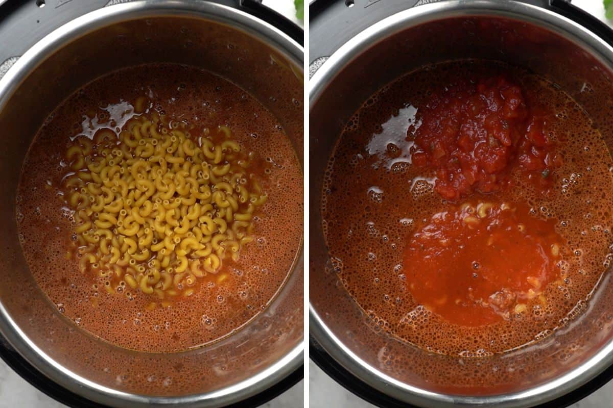 Side by side photo of instant pot before and after adding noodles and salsa. 