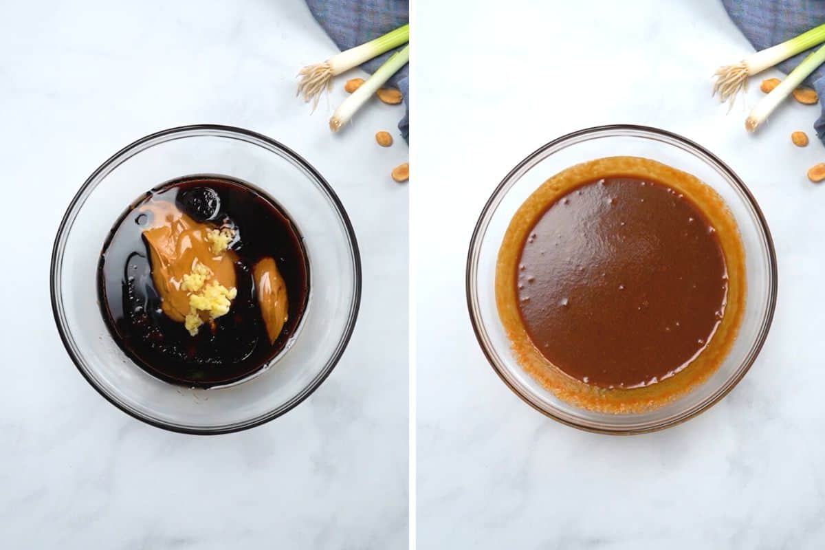 Before and after mixing together peanut sauce.
