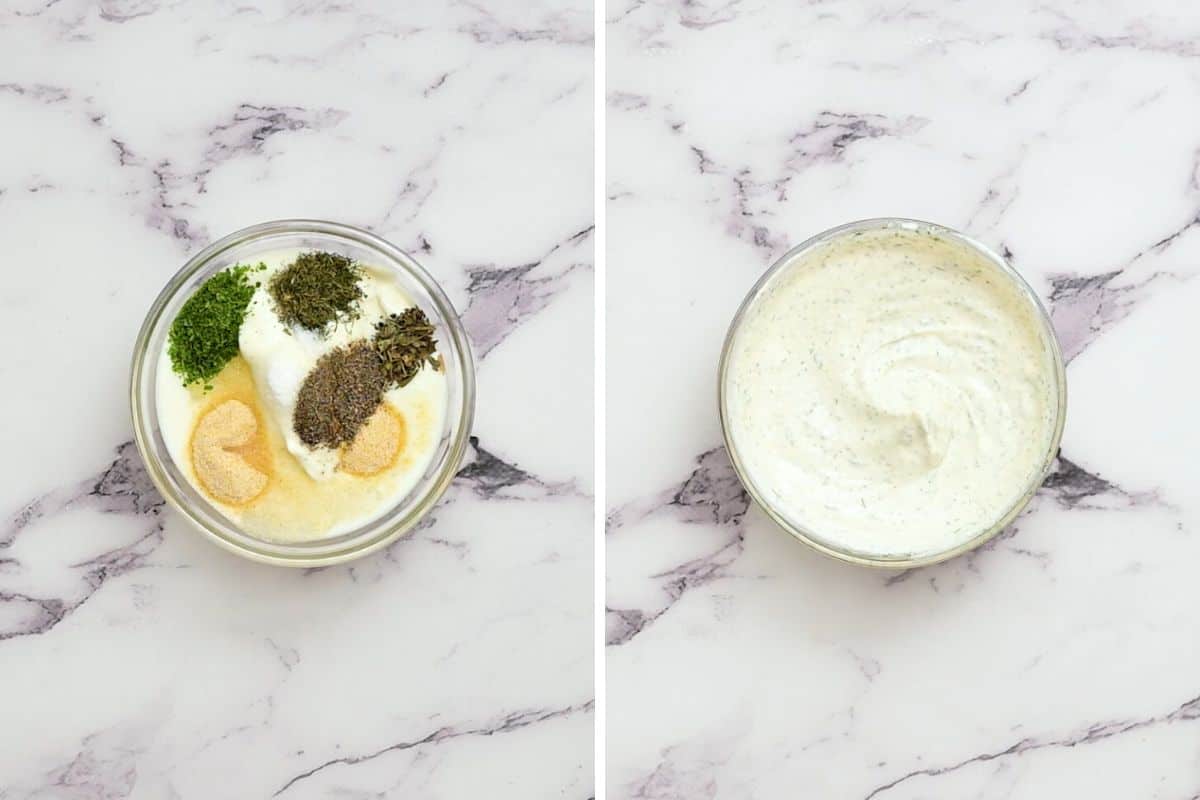 Side by side photo before and after mixing homemade ranch dressing.