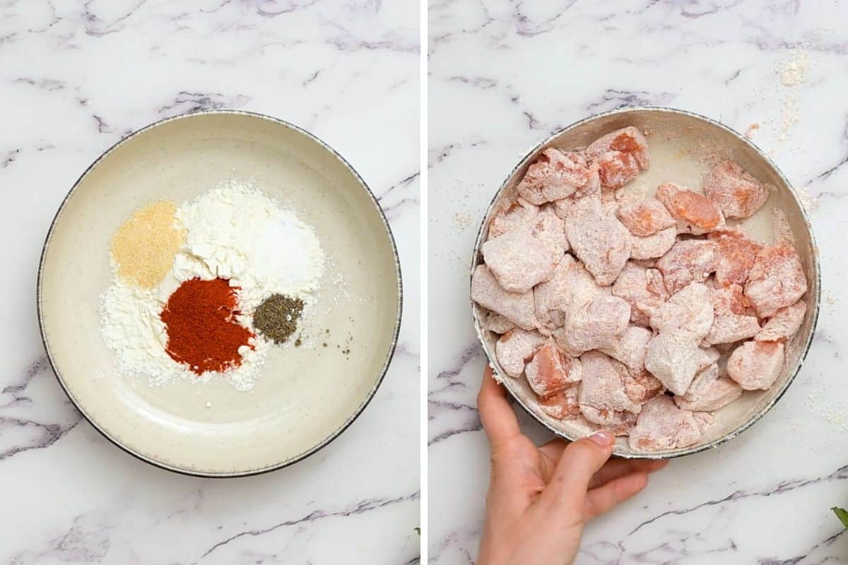 Side by side photo of seasonings in bowl and bowl with raw chicken breasts added to seasonings.