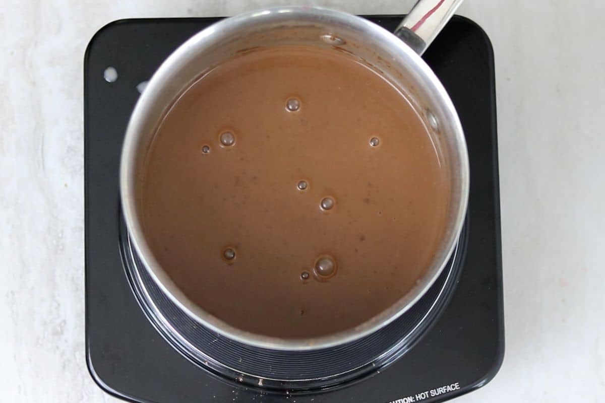 Chocolate Pudding mixure in saucepan.