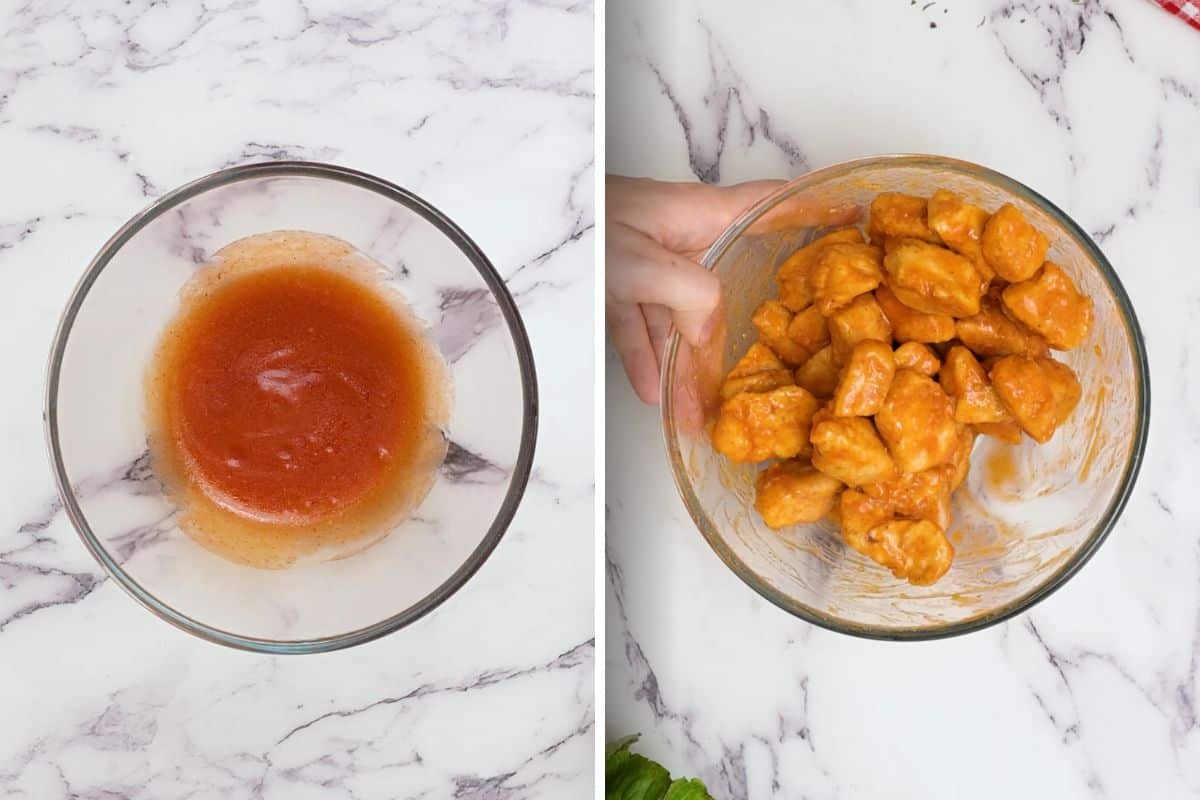 Side by side bowl of homemade buffalo sauce and chicken tossed with sauce.