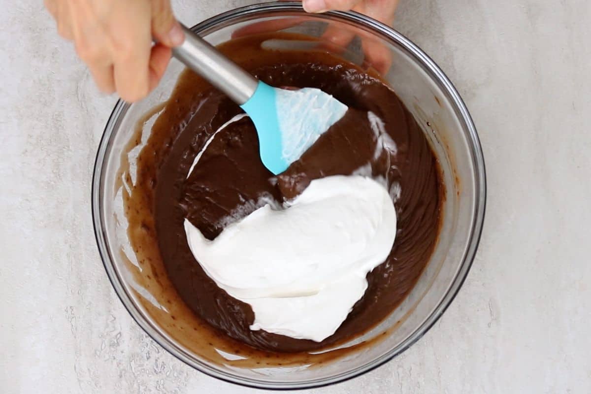 Whipped topping mixed into chocolate pudding.