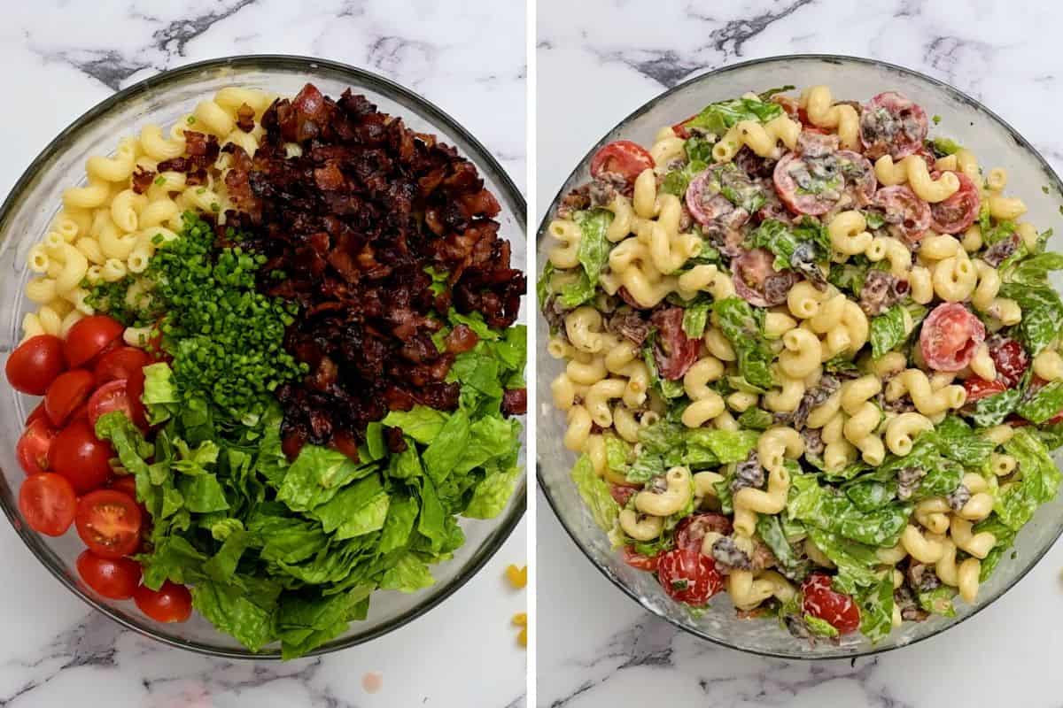 Side by side photo of pasta, lettuce, tomatoes, and bacon in a bowl before and after being mixed with dressing.