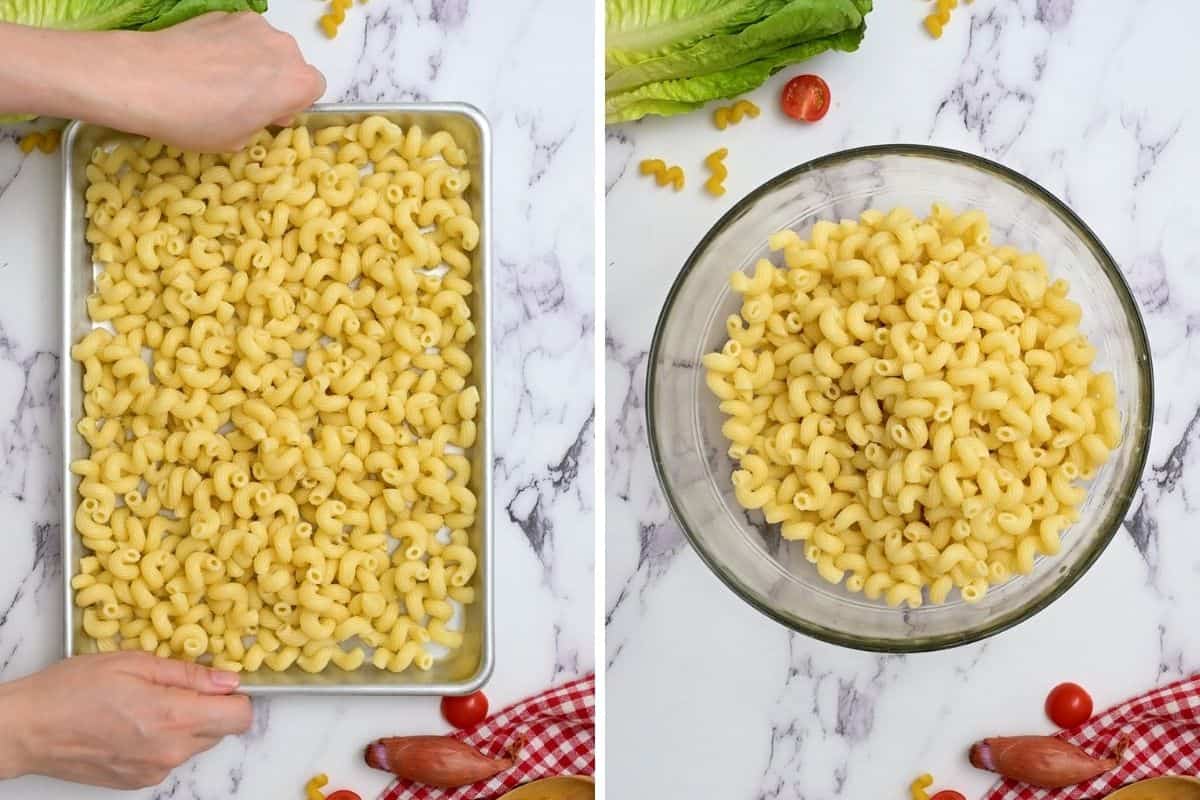 Cooked pasta on sheet pan cooling and then in bowl waiting for pasta salad ingredients.