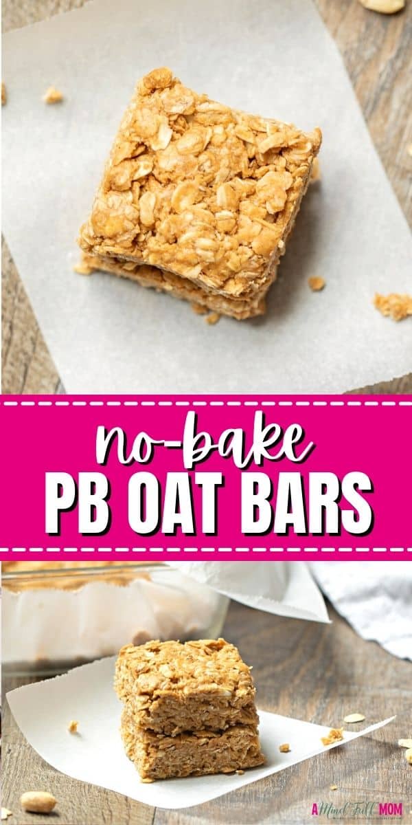 PB Oat Bars are sure to become your new favorite snack bar! These No-Bake Peanut Butter Oatmeal Bars are made with only 4 ingredients to create a wholesome snack packed with whole grains and protein! They are a simple kid-friendly, mom-approved snack filled with fiber and naturally sweetened.