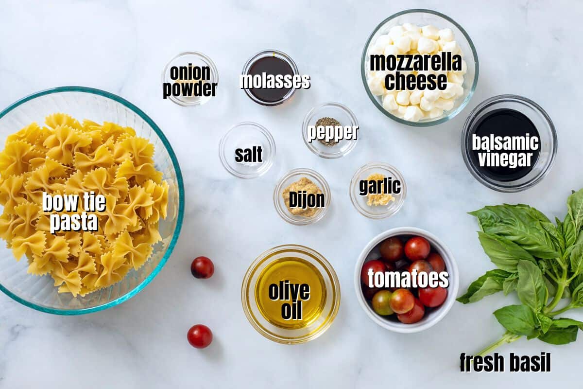 Ingredients for caprese pasta salad labeled.