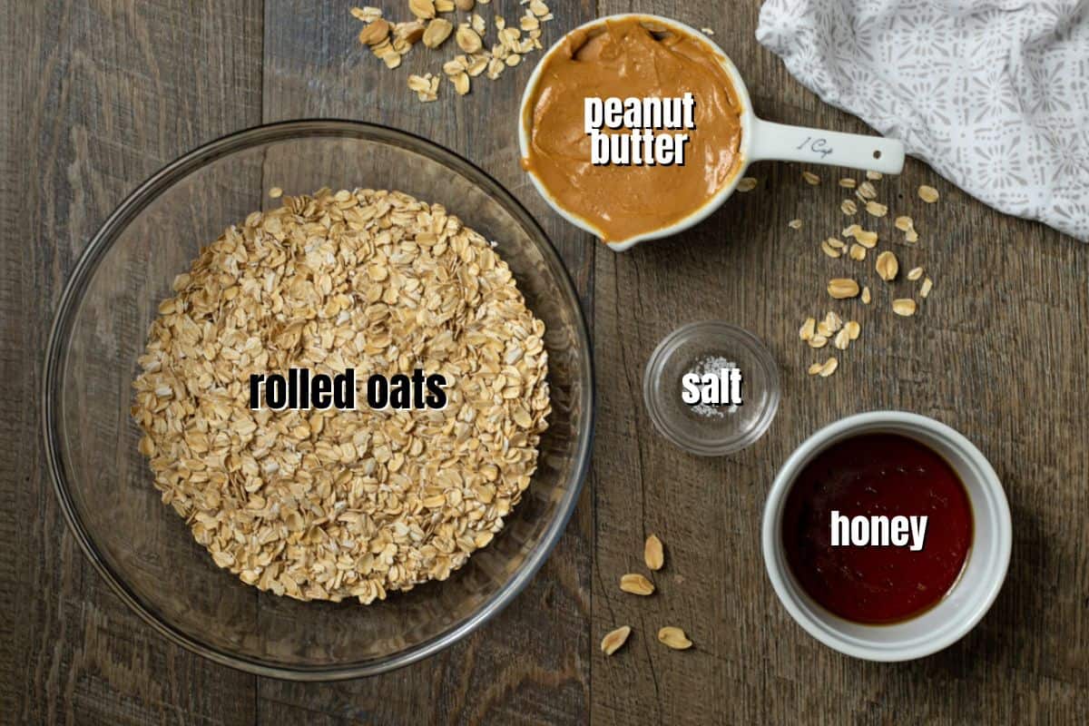 Ingredients for peanut butter oatmeal bars lableled.