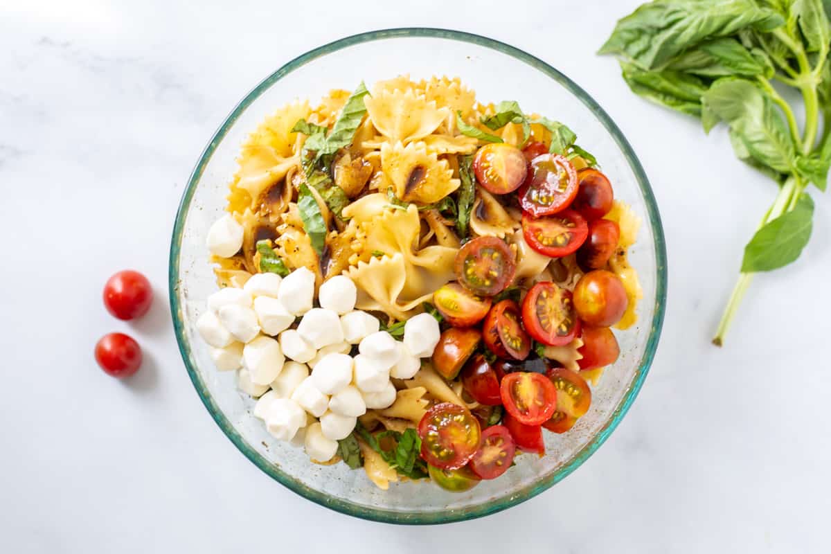 Mozzarella, tomatoes, basil and pasta tossed together.