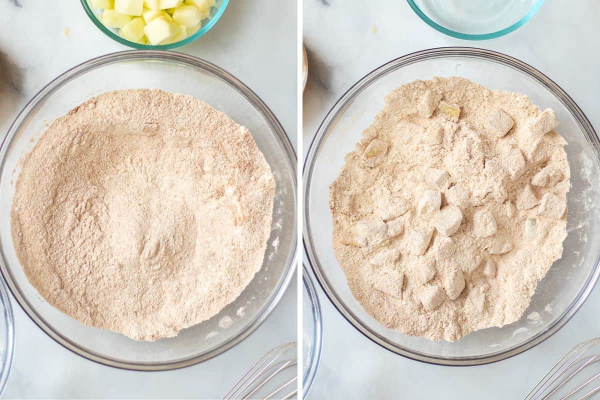 Side by side photo showing dry ingredients before and after adding apples.