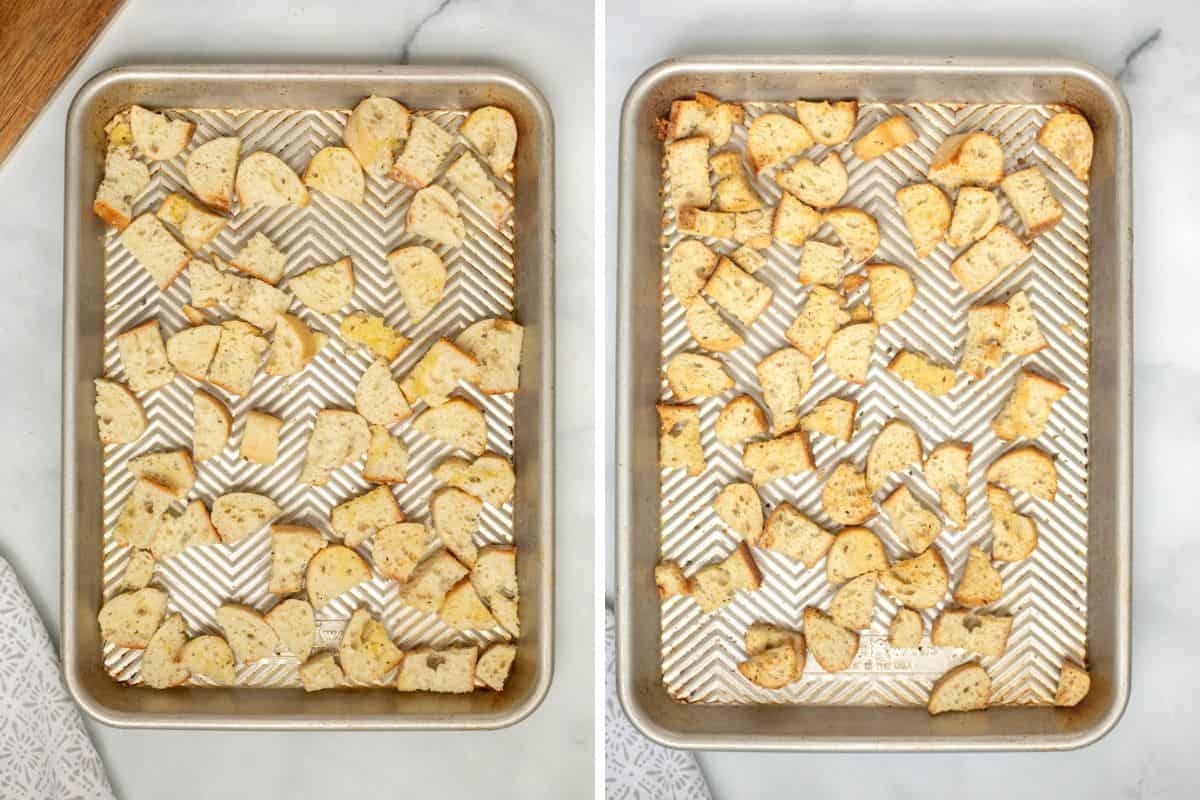 Side by side photo of courtons before and after baking on sheet pan.