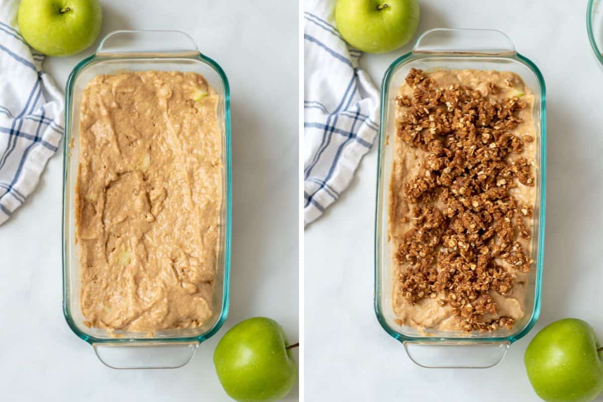Side by side loaf pan with apple bread batter before and after adding the streusel.