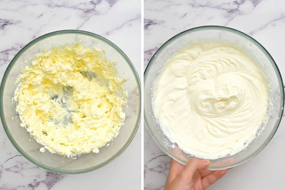 Side by side photo showing fcream cheese frosting after creaming butter and after adding powdered sugar.