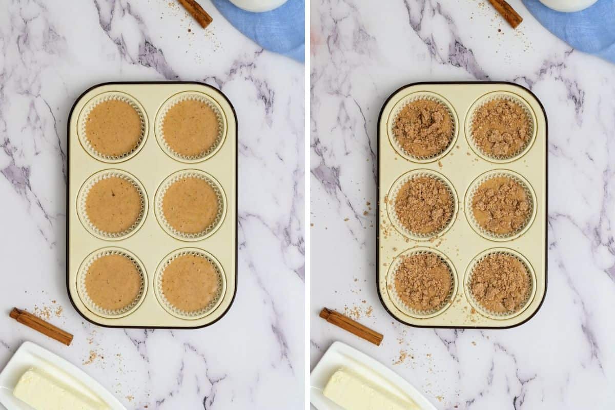 Side by side photo showing gluten-free muffin batter in muffin tip before and after topping with cinnamon streusel.