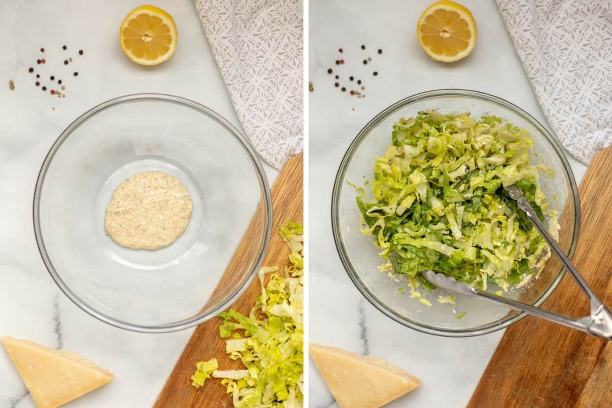 Side by side photo showing bowl with caesar dressing then lettuce added.