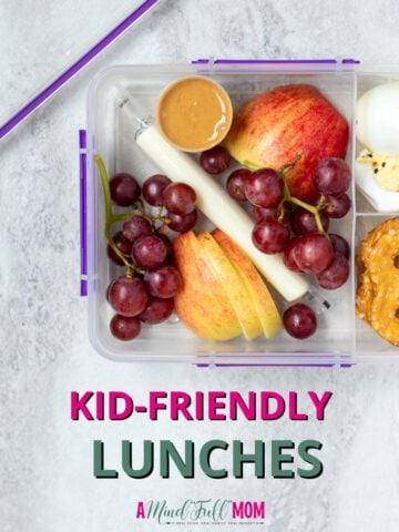 Bento box with fruit, cheese, and hard boiled eggs with text overlay Kid-Friendly Lunches.