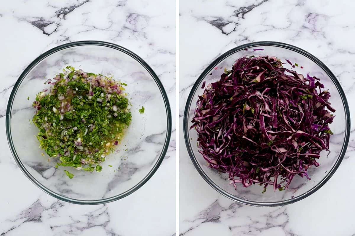 Side by side bowl with ingredients for Mexican Slaw before and after adding shredded red cabbage.
