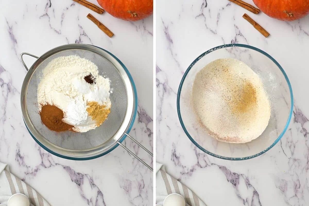 Side by side mixing bowl showing flour before and after sifting.