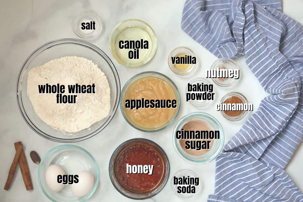 Ingredients labeled on counter for applesauce muffin recipe.