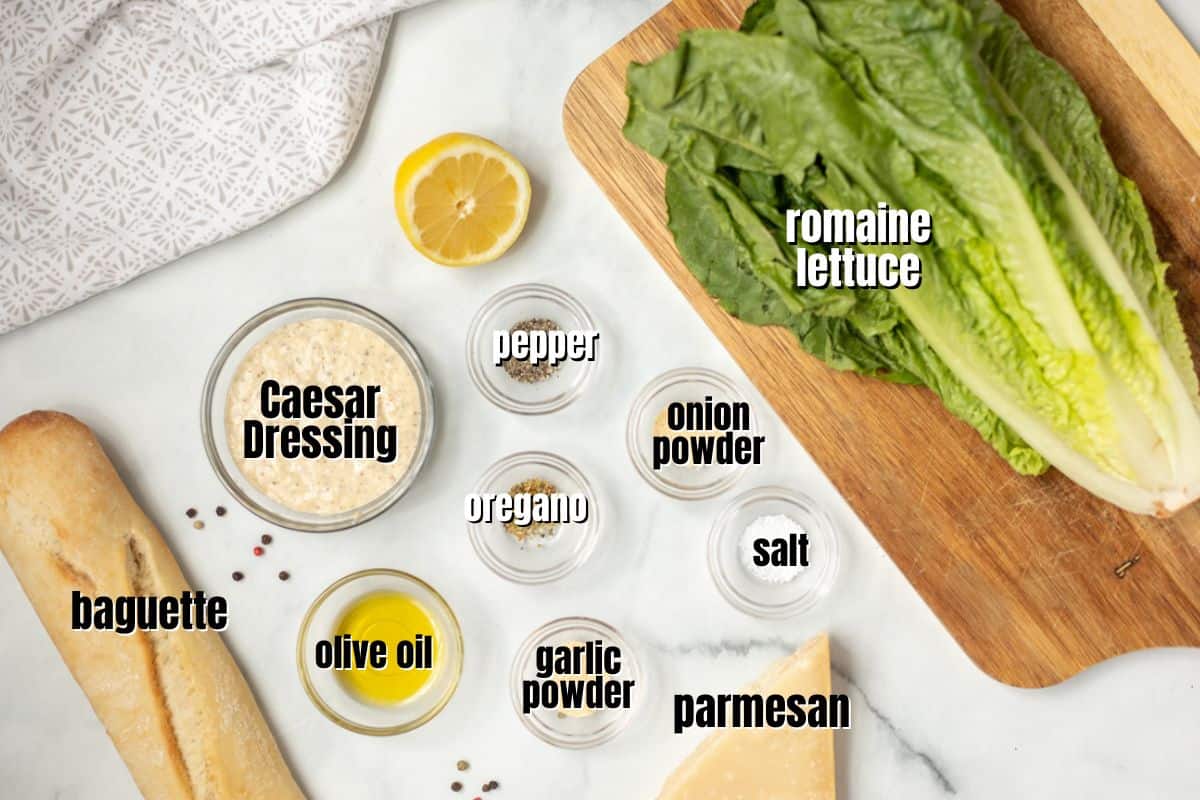 Ingredients for Caesar Salad labeled on counter.