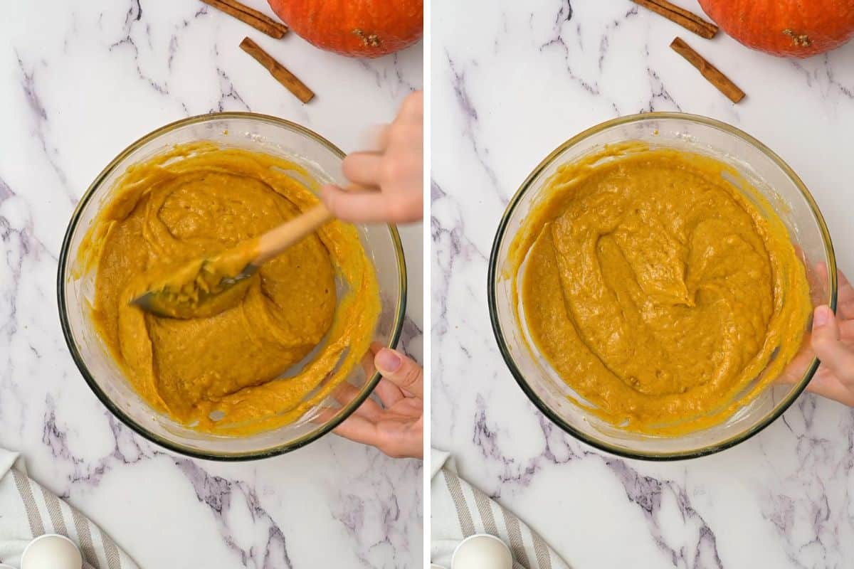 Side by side photo showing the pumpkin cake batter before and after folding wet and dry ingredients together.