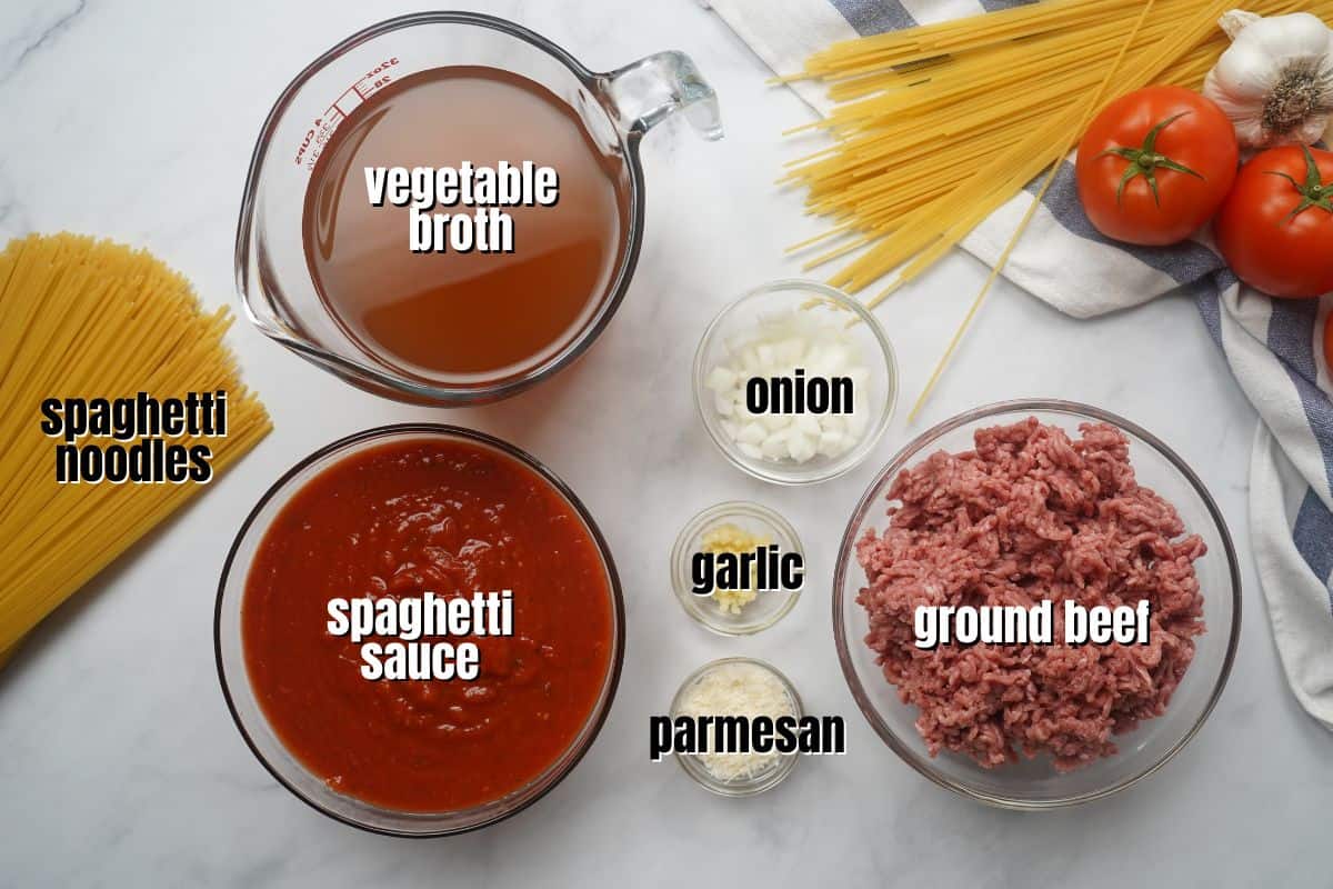Ingredients for Instant Pot Spaghetti labeled on counter.