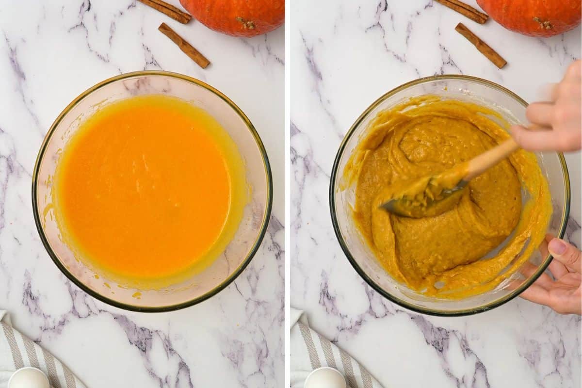 Side by side photo of wet ingredients mixed together in one bowl and the batter being folded over with a spatula in the other bowl. 