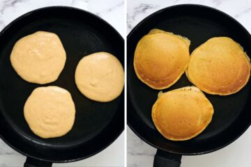 Side by side photo of sweet potato pancakes on griddle before and after cooking.