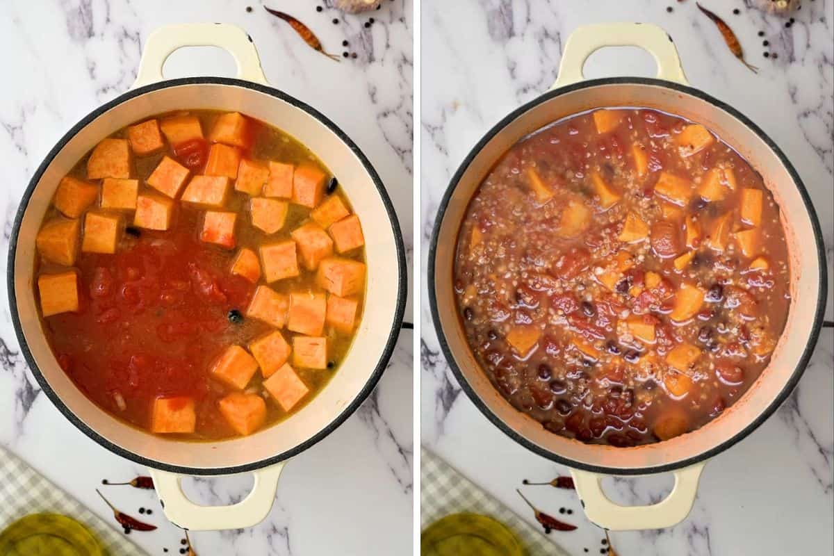 Side by side pictures of dutch oven before and after simmering chili.