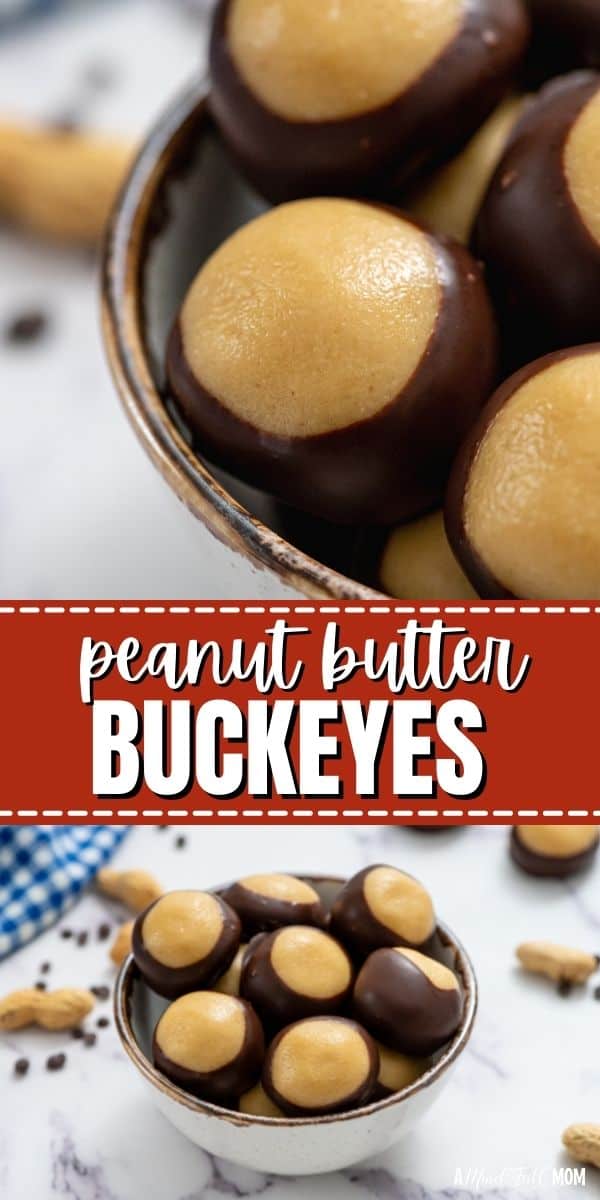 This is an easy recipe for Buckeye Balls! These Peanut Butter Balls are a simple, no-bake candy that is the perfect treat for anyone who loves the combination of peanut butter and chocolate. Made with sweetened peanut butter balls that are dipped into rich melted chocolate, this homemade candy is perfect for the holidays.
