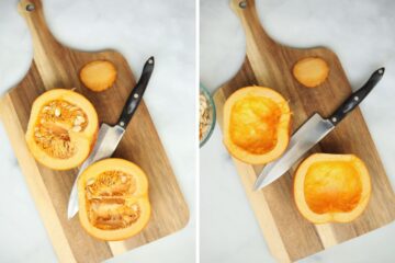 Side by side photo showing cutting pumpkin in half and scooping out seeds.