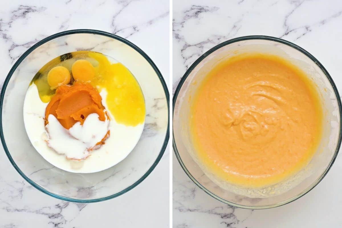 Side by side photo showing wet batter of sweet potato pancake batter before and after mixing.