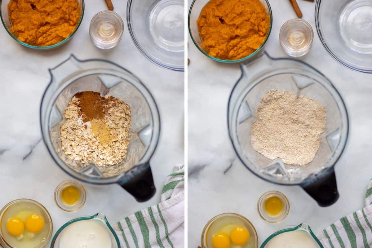 Side by side photo showing blender before and after blending oats.