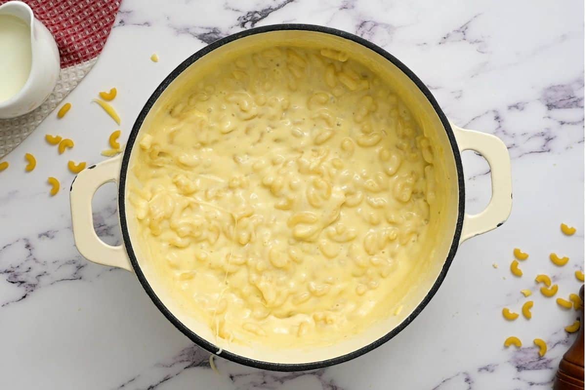 Dutch Oven with creamy white mac and cheese.
