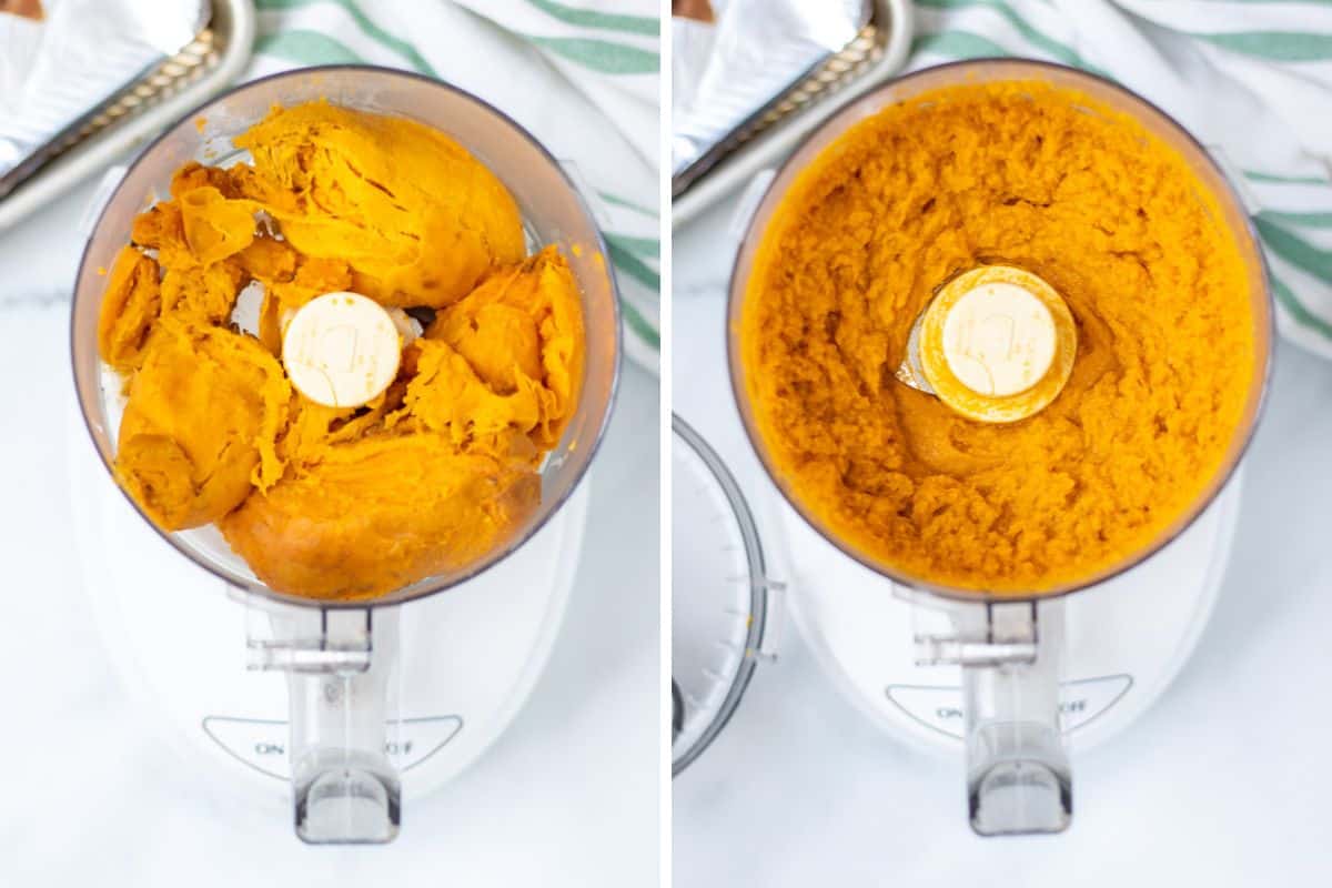 Side by side photo showing sweet potatoes in food processor with s-blade before and after pureeing.