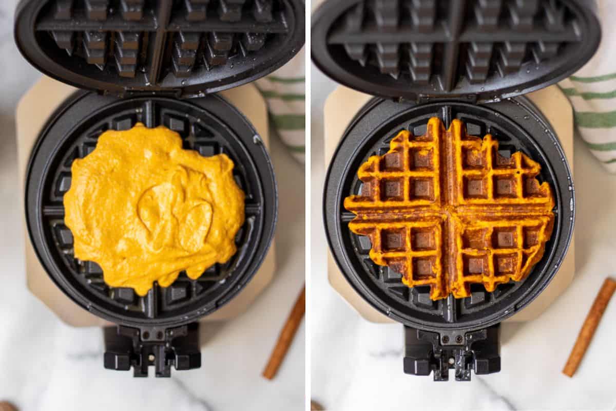 Side by side photo showing sweet potato waffle batter on waffle maker before and after cooking.